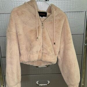 Ambiance Outerwear Women’s Plush Faux-Fur Cropped Jacket with Hood, Size Small